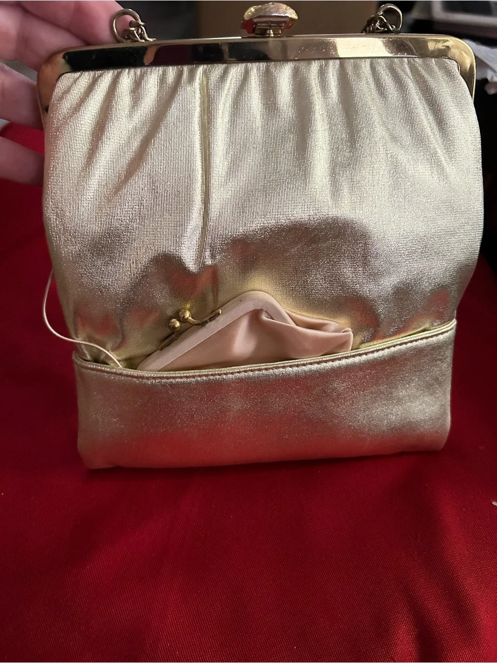 VTG HL Gold Clutch Purse W/Attached Coin Purse & Adj Chain Strap Clasp Closure
